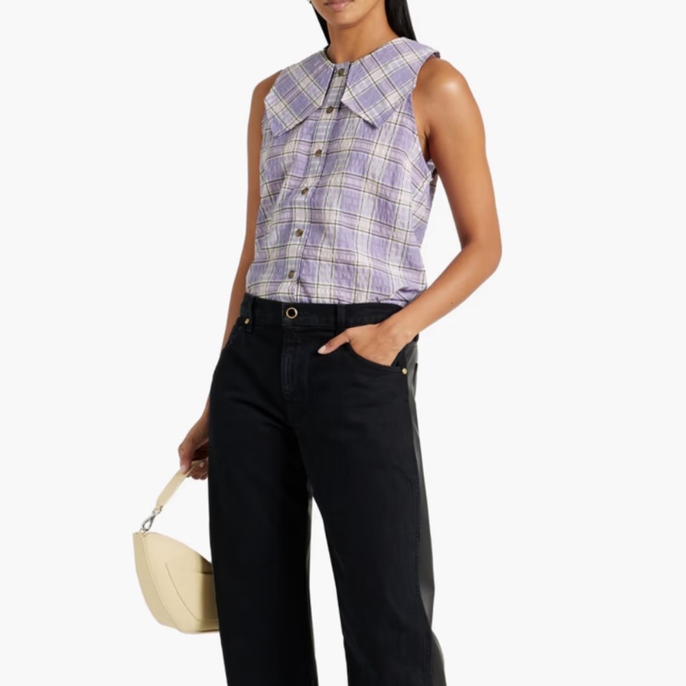 GANNI Checked Cotton Blend Seersucker Sleeveless Top - Women’s Size 6 (US) - New